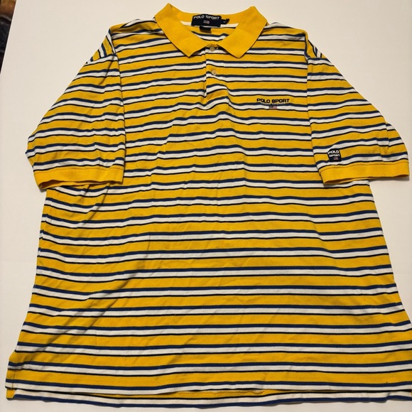 VINTAGE Ralph Lauren Polo Shirt Mens Large Blue White Yellow Striped Polo Sport - Picture 1 of 4